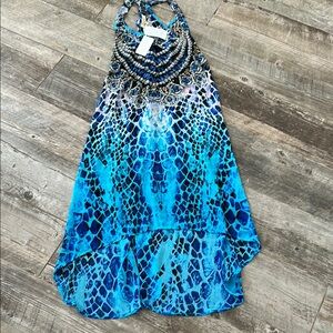 La moda true colours Blue Patterned Halter swim cover up.